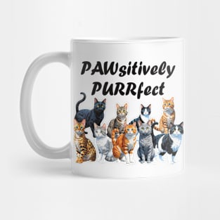 Pawsitively Purrfect -  funny watercolour cat design, black cat, ginger cat, tabby, bengal, gray cat, lots of cats Mug